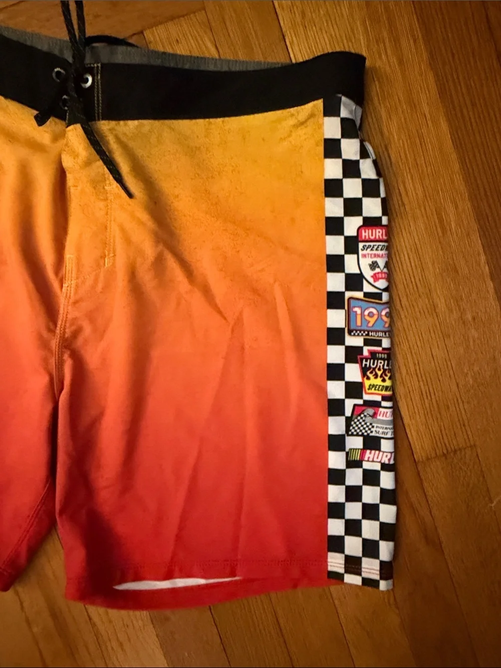 Hurley Orange to Red Gradient Board Shorts with Checkered Side Panels